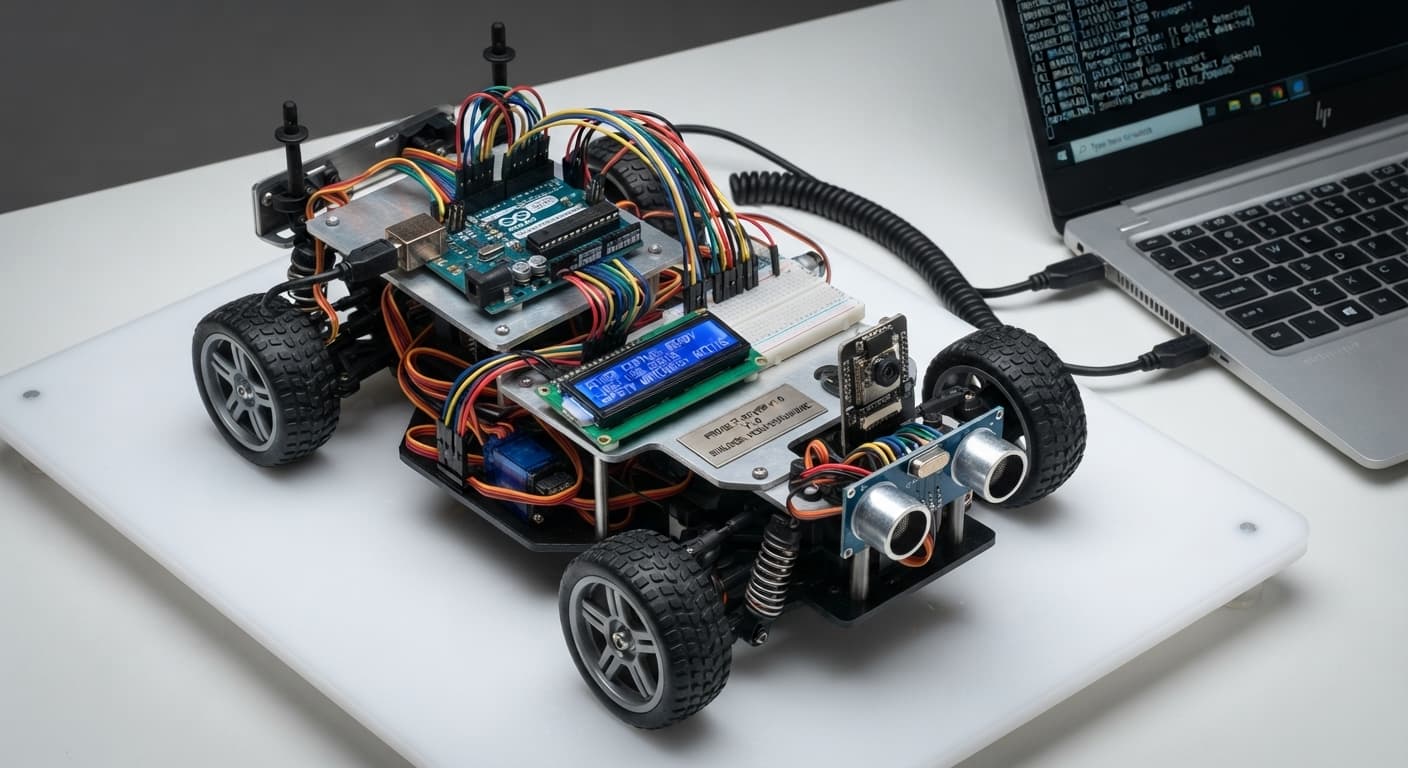 Rover on a white bench: a four-wheeled RC chassis carrying a stacked aluminium deck with an Arduino Uno, a 16x2 LCD, a breadboard, a camera module and a pair of ultrasonic sensors at the front, tethered by a coiled cable to a laptop showing a running terminal.
